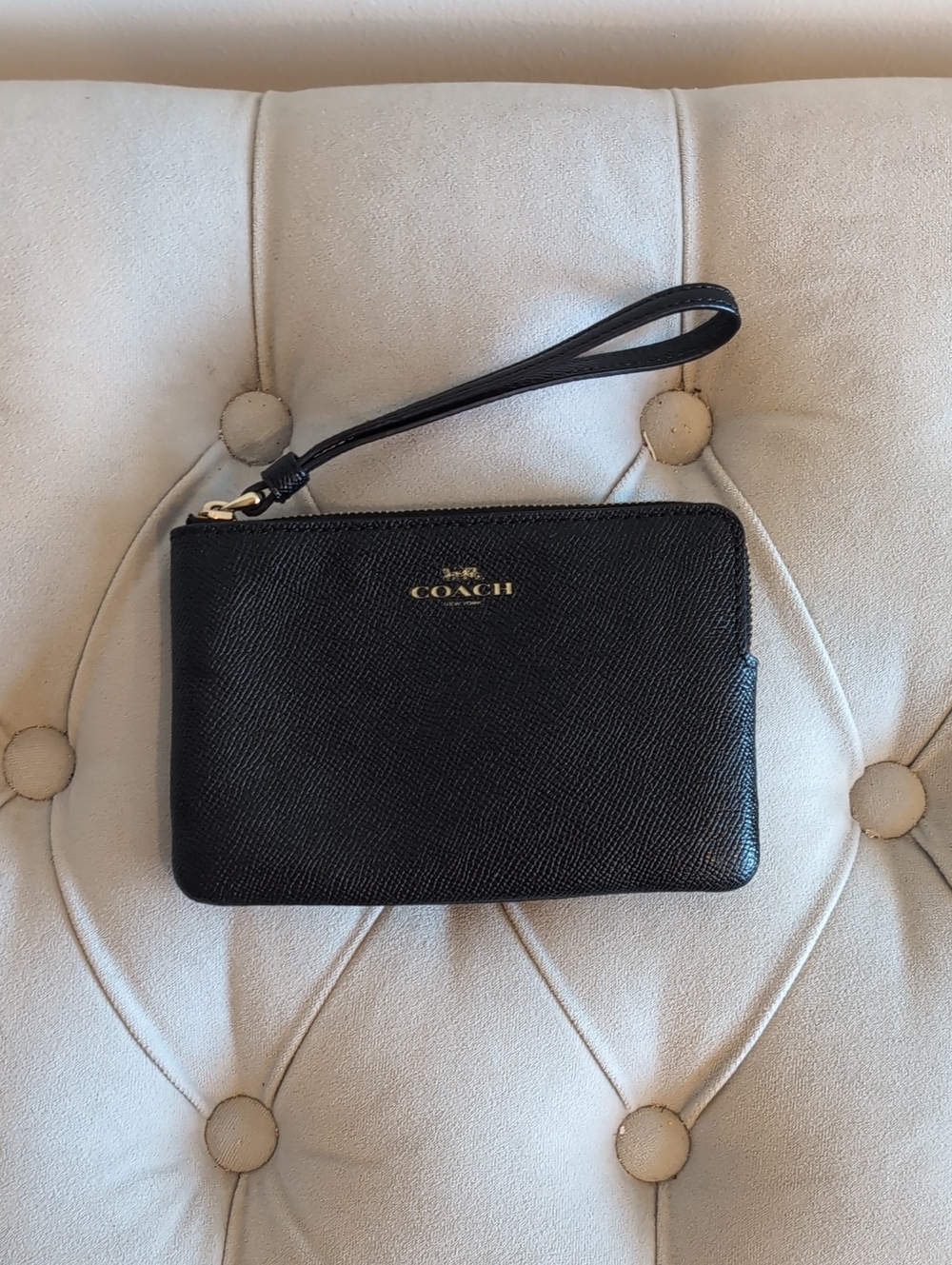 Coach Black Leather Zip Wristlet with Gold Logo